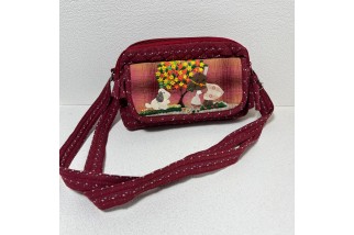 Burgundy fabric multi-pocket crossbody bag